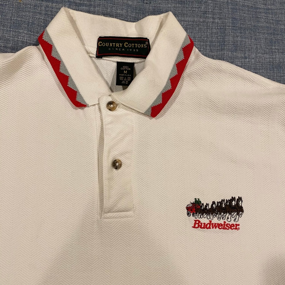Vintage Country Cottons Budweiser Clydesdale Polo Shirt Men Medium White Chevron